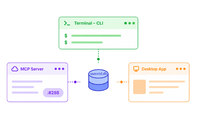Three interfaces — MCP Server, CLI, and Desktop App — connected to a central memory store